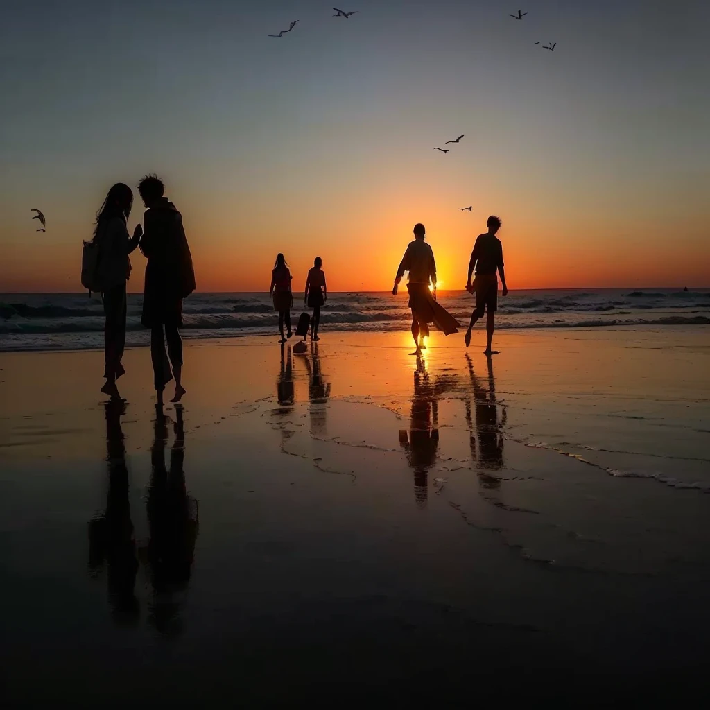 people walking on the beach Sunset with birds flying overhead, Sunset的海滩, at beach Sunset, People on the beach, on the beach Sunset, Sunset on the beach, Beach sunset, End of the day, Photo taken in 2 0 2 0, Beach sunset, Sunset, Stunning footage, Sunset, dusk setting