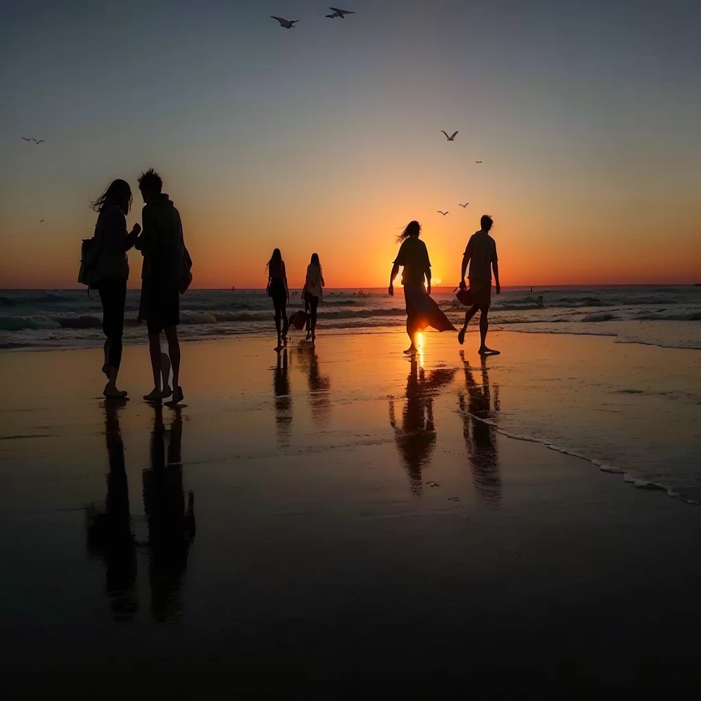 people walking on the beach Sunset with birds flying overhead, Sunset的海滩, at beach Sunset, People on the beach, on the beach Sunset, Sunset on the beach, Beach sunset, End of the day, Photo taken in 2 0 2 0, Beach sunset, Sunset, Stunning footage, Sunset, dusk setting