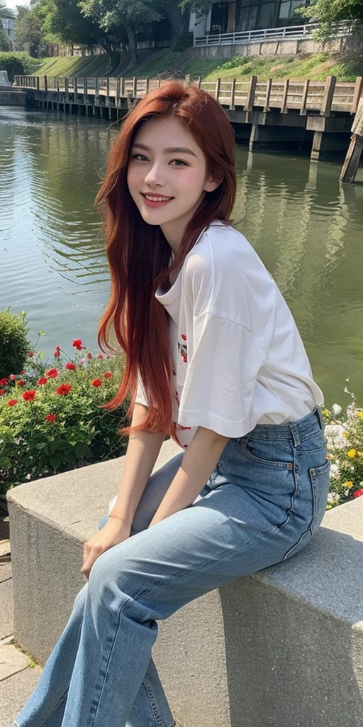 digital art, (girl, red_hair, flowers, baggy jeans, white shirt, discreet smile, cute look), (sitting on a bench, river in the background, golden hour),, by Daniil Suponitskiy jpegman