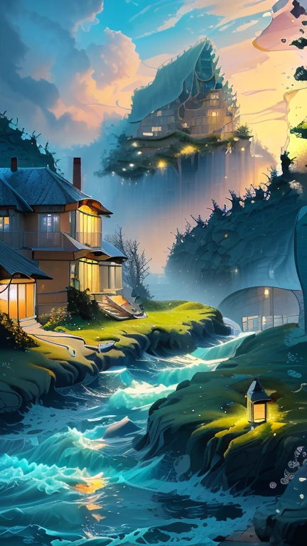 Surrealism,A house built on rough seas,The transparent glass windows allow you to see the rolling waves outside。