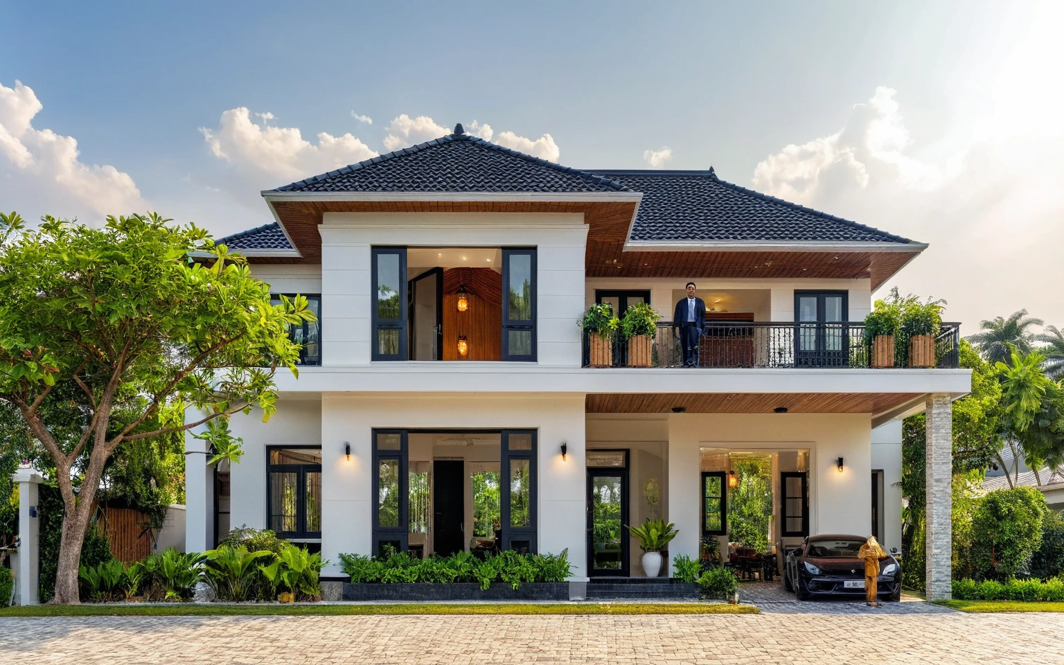 (masterpiece:1.2), best quality, photo of A two-story modern house in VietNam with dark tiles on the roof., dark granite tiled wall, neo classic detail, tree and plant environment,daylight, streetcapes, natural light, vivid color, The exterior of an elegant single family home features large windows, a dark gray door frame.