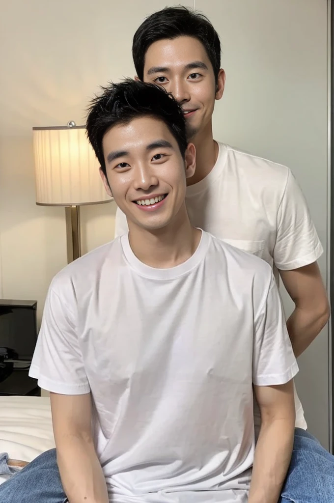 Korean man, Inspiration from Peng Yuyan, 30 years old, 236 years old, Cute Korean Face, 35 yo, 33 year old Korean muscular man，The bedroom is at the back. white t-shirt, open mouth smile