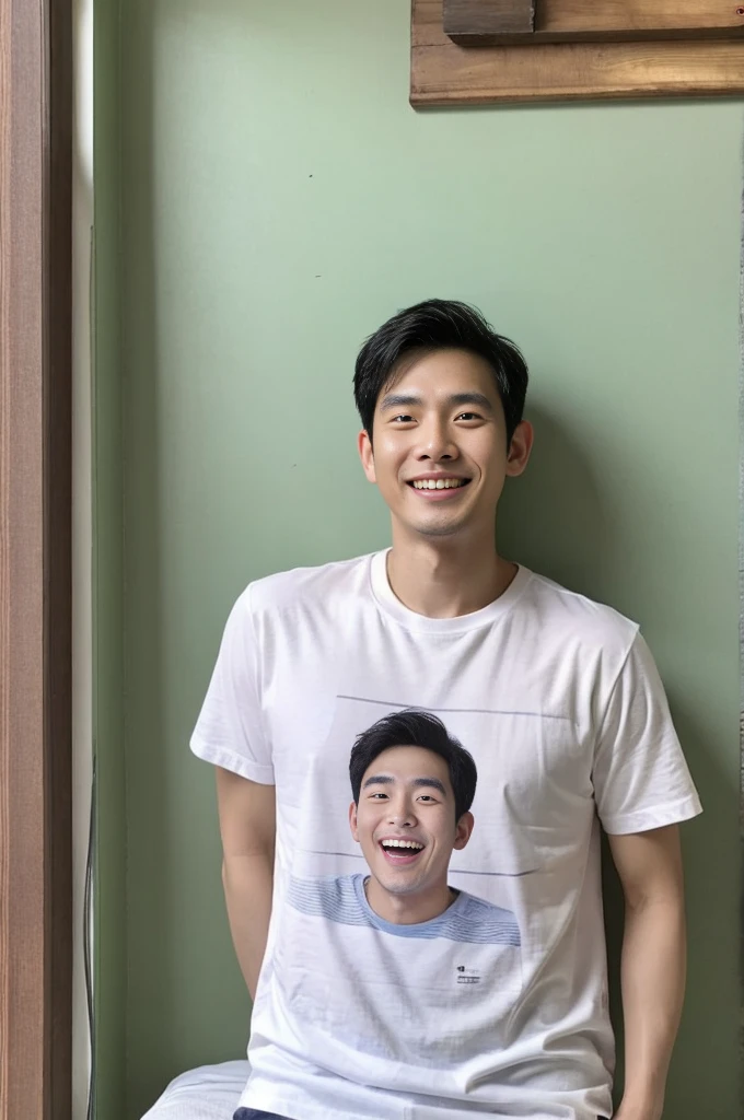 Korean man, Inspiration from Peng Yuyan, 30 years old, 236 years old, Cute Korean Face, 35 yo, 33 year old Korean muscular man,The bedroom is at the back. white t-shirt, open mouth smile