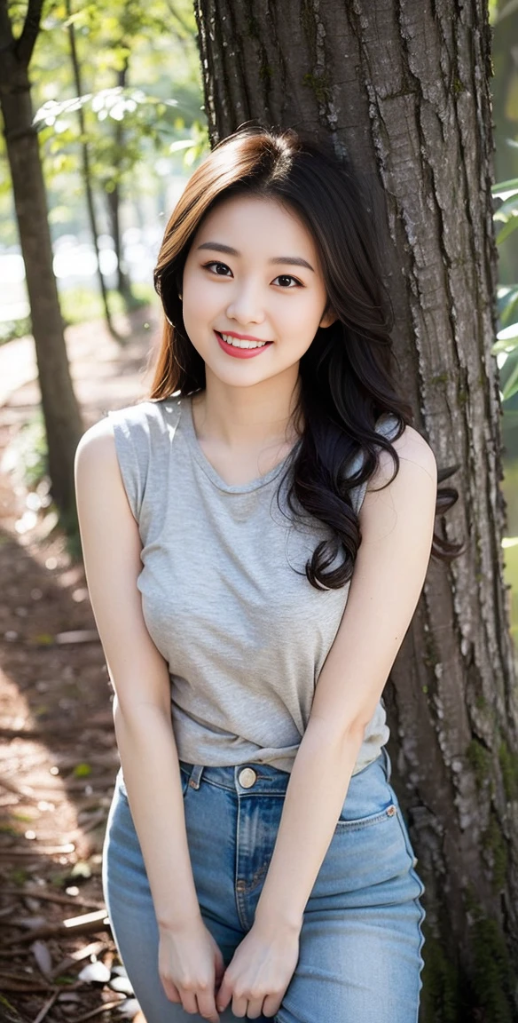Highest quality, 1 beautiful woman, 28 years old, Large breast bulges, s, 35mm lens, F/1, Cowboy shot, Specific Background、(A girl in the forest),Full body、Oval face,Phoenix Eyes,Eyebrow, Perm、sweat ((light gray shirt)), sleeveless,(a charming smile:1.2),