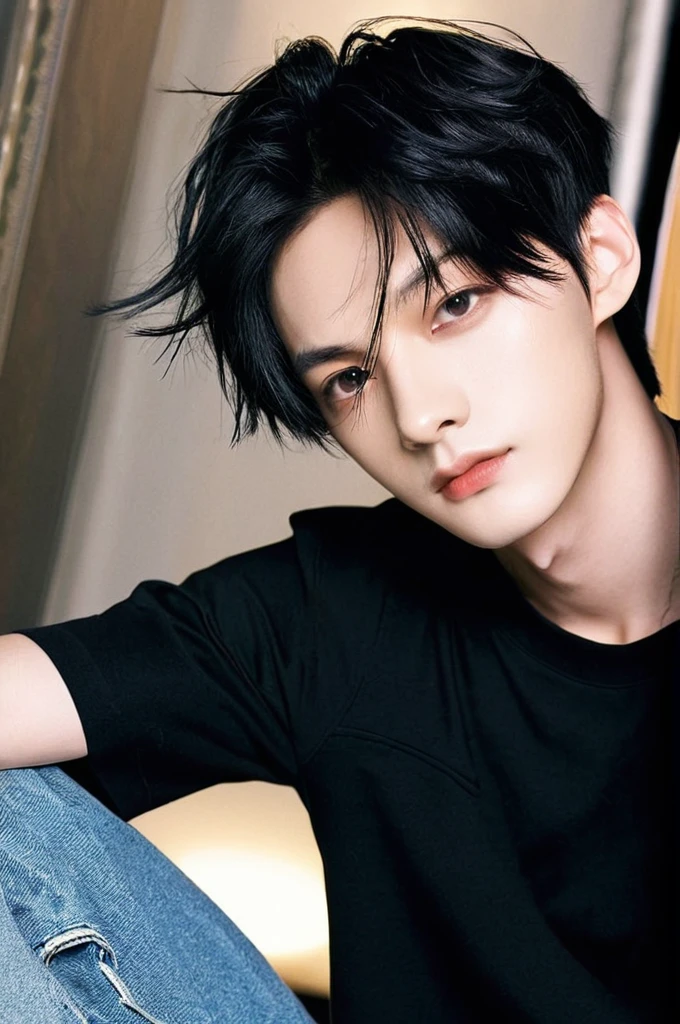 One boy, Young man with black hair  (Mash Straight Hair),Male K-Pop Idols, Levi Ackerman, Medium portrait,chop, Beautiful Model, Oval Face, Vivid,Selfie,(In a dark room),The whole body is shown