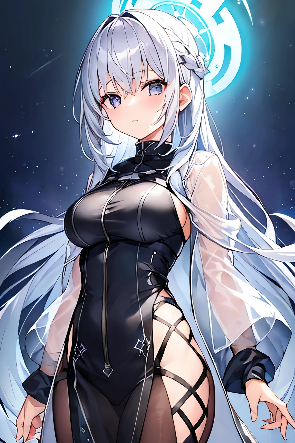 1 girl、Silver Hair、((See-through jacket、Wizard&#39;s Clothes))、Blue and black decor、Bigger breasts、Shoulder Bare、Upper body only、Ice crystals、Too much exposure