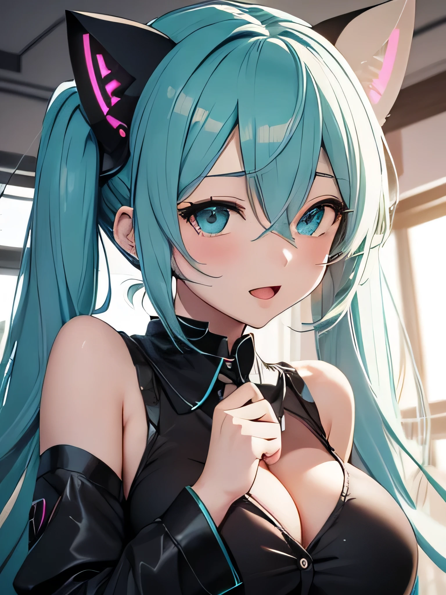 hatsune miku, black pijama, cat ears, showing the tongue, big tits