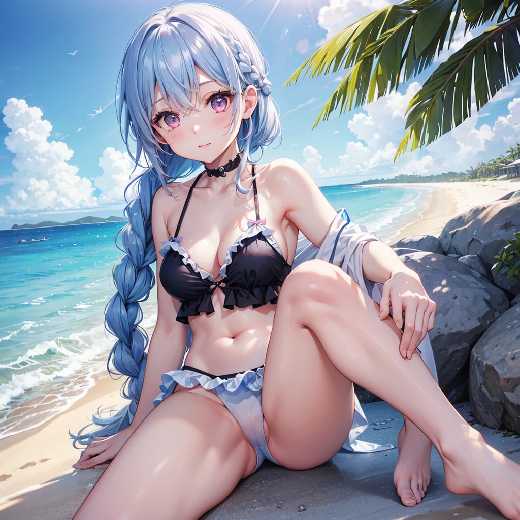 (Sky blue medium hair),(Braided hair tied together)、Pink eyes、Fair skin、(whole body)、(One Girl)、Black frilly swimsuit、Stylish sunglasses、Shining white sand beach in midsummer、Okinawa's ocean、A big smile、、(masterpiece、Highest quality、Very detailed、Best Shadow)、(Detailed Background)、(Beautifully detailed face)、High contrast、(Best lighting、Very delicate and beautiful)、((Cinematic Light))、colorful、Hyper Detail、Dramatic Light、Exquisite detail、Standing with your legs apart