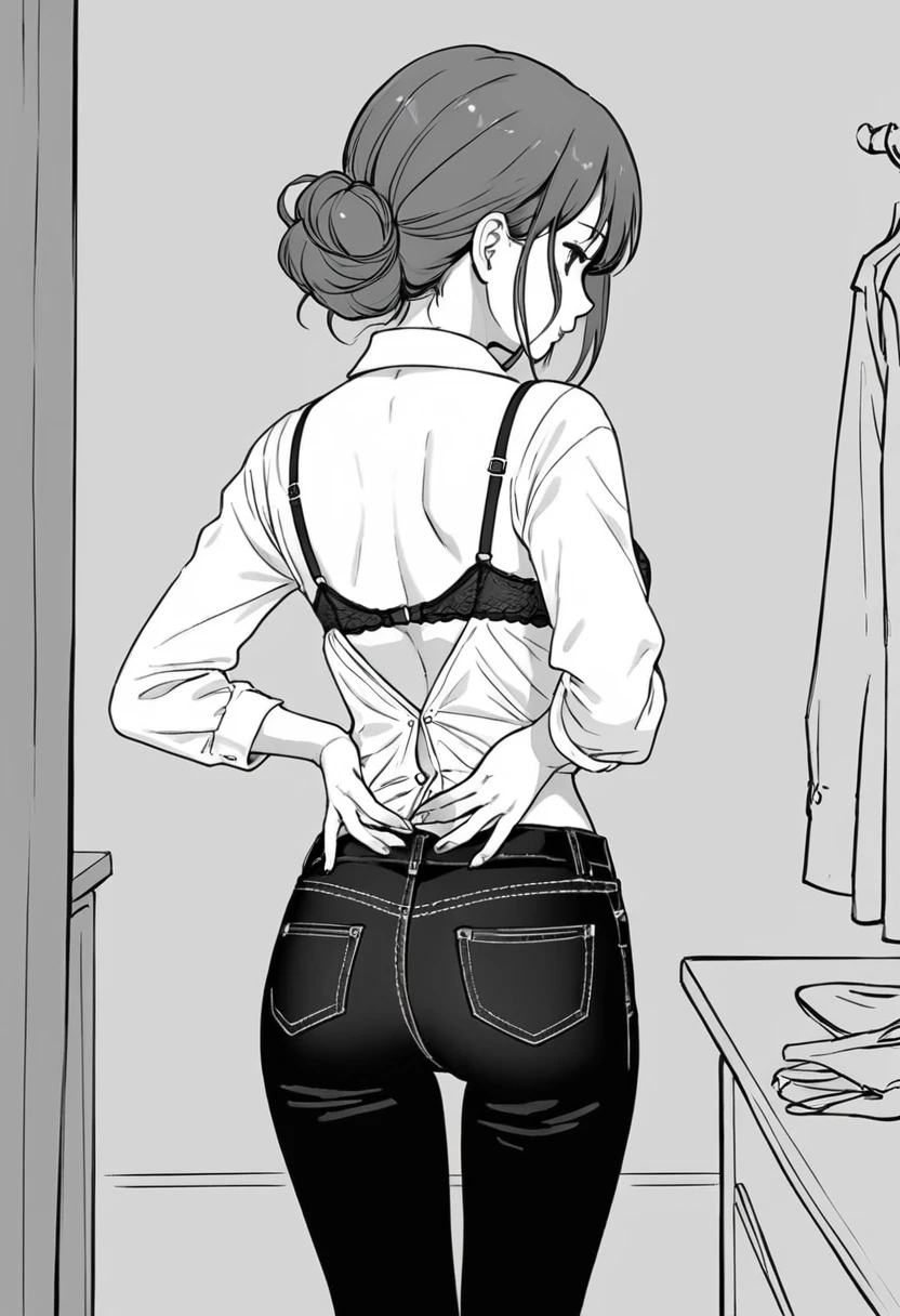 Fastening bra straps, rear view, woman, line drawing, black and white, hands around back, removing bra, dress shirt, black jeans, Japanese