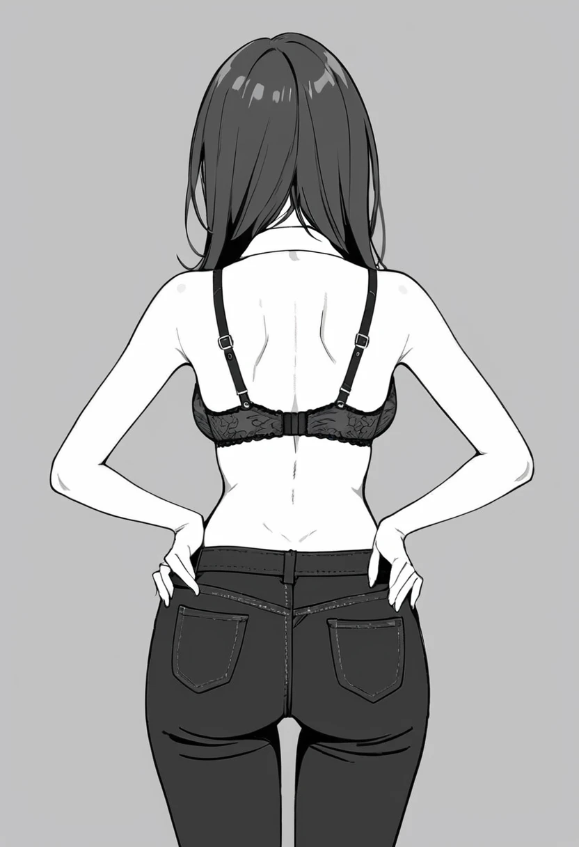 Fastening bra straps, rear view, woman, line drawing, black and white, hands around back, removing bra, dress shirt, black jeans, Japanese