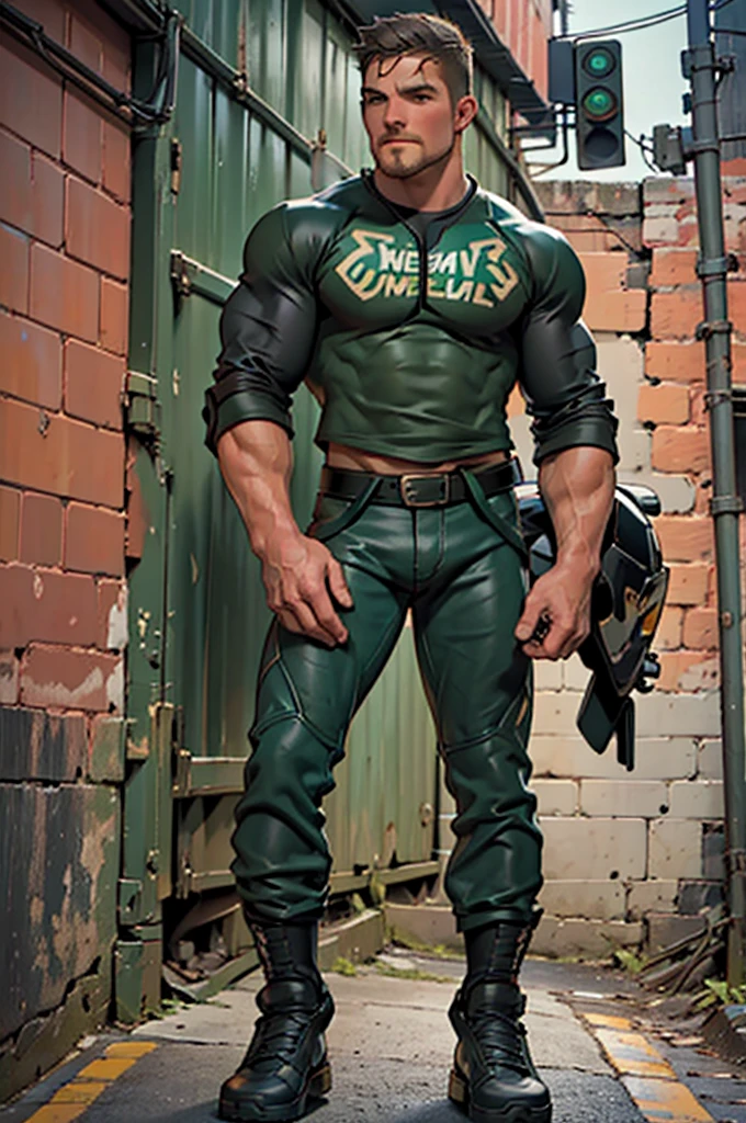 32k, high quality , detailed face , detailed hands , detailed muscles detailed motorcycle , 40 years old (((stephen amell))) standing near his (((motorcycle))), posing in a street ,(((shirtless))) standing with spread legs, showing his muscles, shirtless wearing a very very low dark green pants with brown belt, background brick wall with men health posters