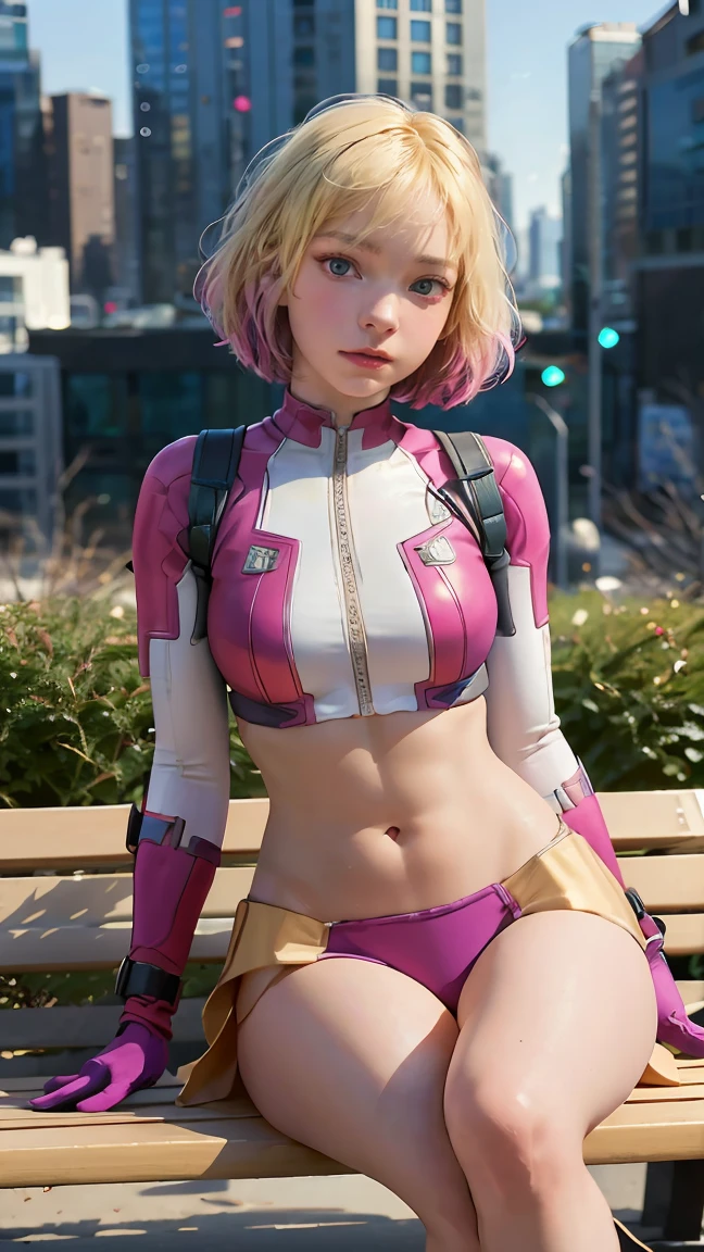 (Highly quality, masterpiece, detailed), city detailed scenario, city detailed background, solo, gwenpool, blonde hair, multi colored hair, 1woman, crop top, two-tone, navel, gloves, sitting on a bench, perfect face, beautiful eyes, look at the viewer, Sexy pose