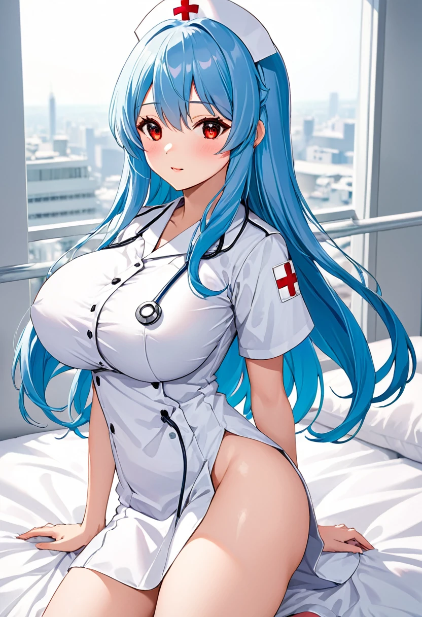 My name is Yukiko.I am a white test woman with long Sky blue hair,red eye color.I am 1.62 cm tall . My breasts measure 200 cm, my waist 40 cm and my hips 200 cm.Dressed in a short nurse outfit  . With big 200 cm breasts 