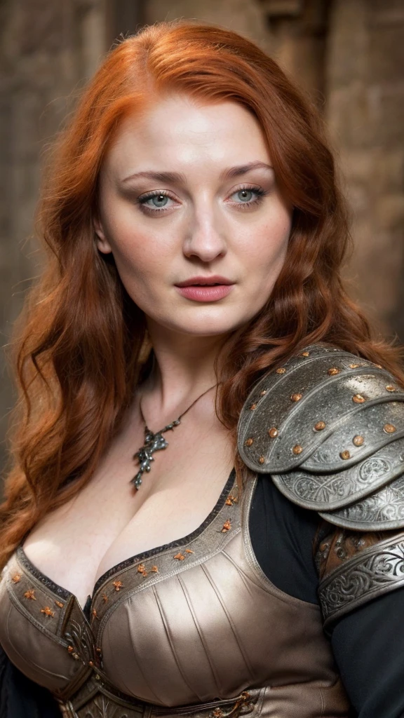 Face of Sophie Turner, Sansa Stark played by Sophie Turner, the de facto Lady of the Eyrie, is a 50-year-old mature queen with a stunning, alluring appearance, mommy figure, wide body, heavy figure, fleshy bulky figure, Full Face, Full figured woman, pierced eyes, reddish lips, upper body shot, erotic Mediaeval costumes, game of thrones costumes, She wears a Game of Thrones-inspired costume and has a deep cleavage, a perfect thick body, and a perfect thick figure. The photograph captures her in a close-up, with her skin texture and facial features being ultra-realistic and realistic. Juicy thick figure, high quality skin, Skin pores, amazing details, snow, snow flakes, semi realistic, extremely detailed eyes, dark moody orange and black settings, cool environment, artificial intelligence