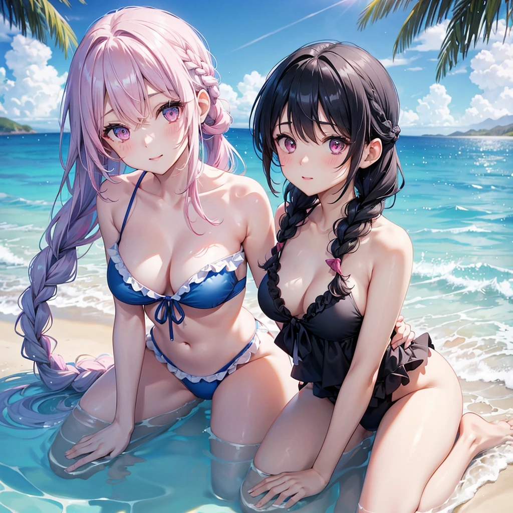 (Sky blue medium hair),(Braided hair tied together)、Pink eyes、Fair skin、(whole body)、(One Girl)、Black frilly swimsuit、Stylish sunglasses、Shining white sand beach in midsummer、Okinawa's ocean、A big smile、、(masterpiece、Highest quality、Very detailed、Best Shadow)、(Detailed Background)、(Beautifully detailed face)、High contrast、(Best lighting、Very delicate and beautiful)、((Cinematic Light))、colorful、Hyper Detail、Dramatic Light、Exquisite detail、Standing with your legs apart