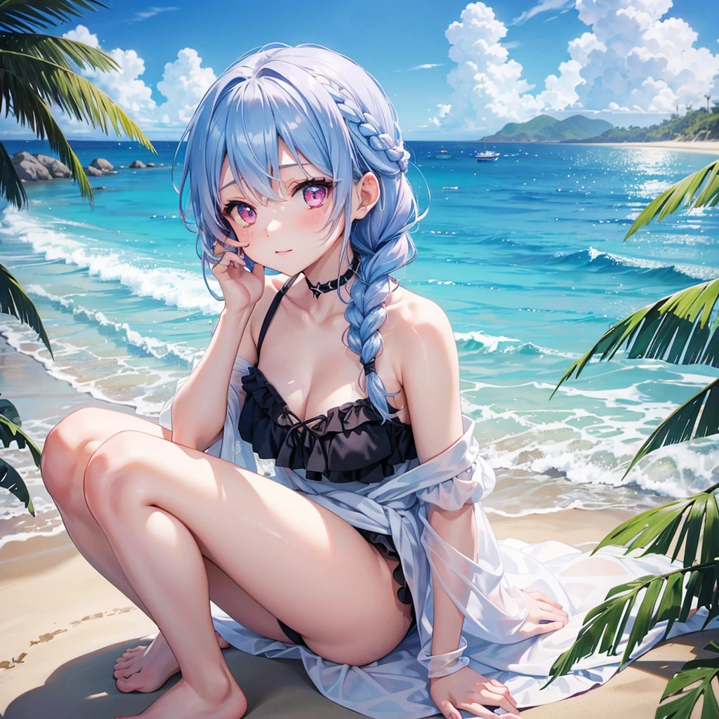 (Sky blue medium hair),(Braided hair tied together)、Pink eyes、Fair skin、(whole body)、(One Girl)、Black frilly swimsuit、Stylish sunglasses、Shining white sand beach in midsummer、Okinawa's ocean、A big smile、、(masterpiece、Highest quality、Very detailed、Best Shadow)、(Detailed Background)、(Beautifully detailed face)、High contrast、(Best lighting、Very delicate and beautiful)、((Cinematic Light))、colorful、Hyper Detail、Dramatic Light、Exquisite detail、Standing with your legs apart