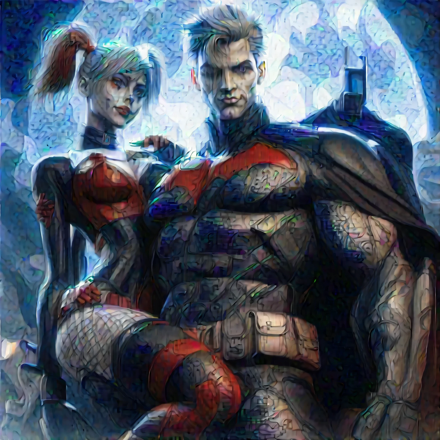 full-body shot, arkham city, arkham knight CGI art style, by rocksteady studios, couple, (tall heroic brawny pale young man with glowing green eyes, subtle grin loving expression, messy white hair, thick eyebrows, black and red armored super suit, upturned collar cape), he is holding his girlfriend Harley Quinn, she is wearing a skirt and fishnet stockings, blue batman is looking down at them from a top the gotham city tower with a full moon behind him,