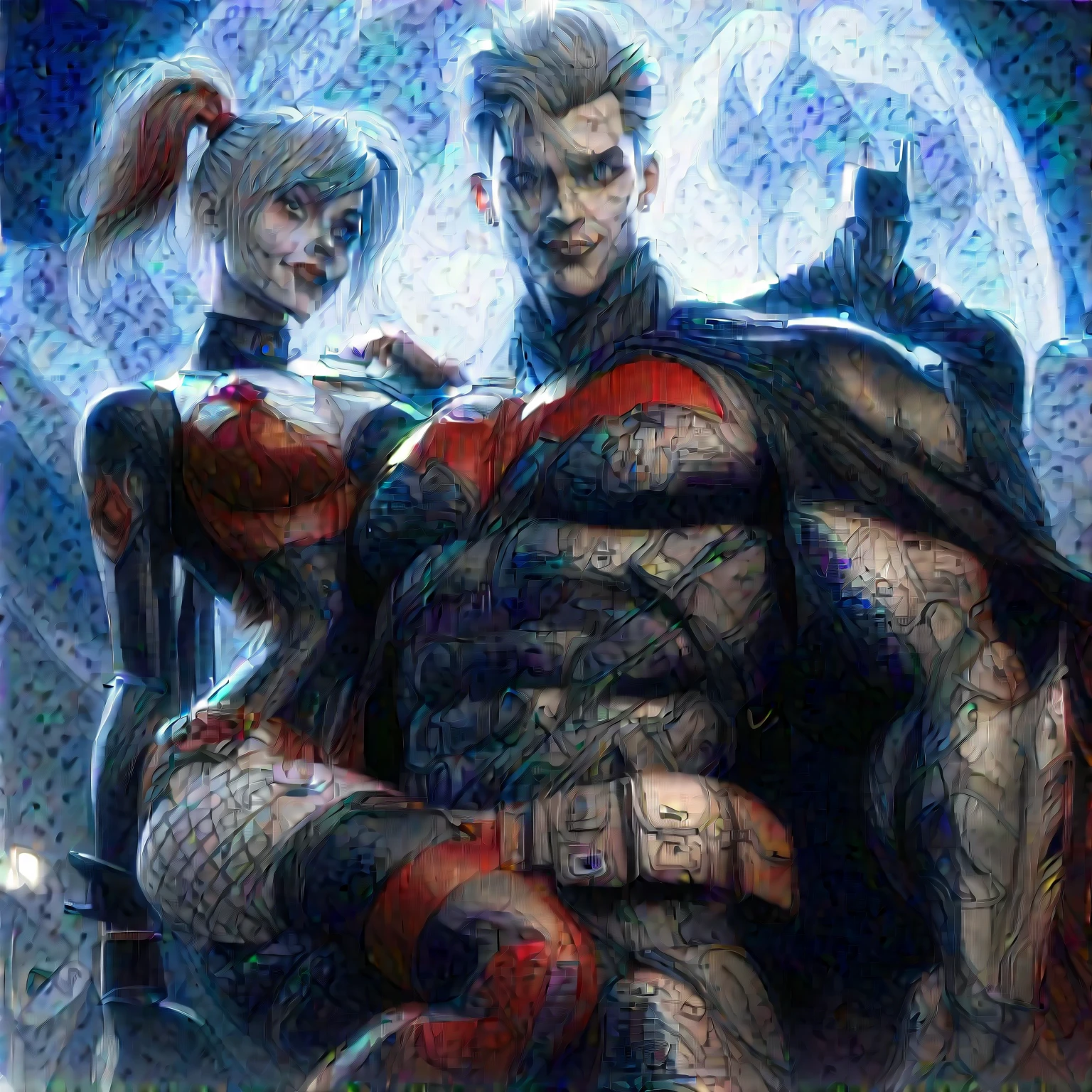 full-body shot, arkham city, arkham knight CGI art style, by rocksteady studios, couple, (tall heroic brawny pale young man with glowing green eyes, subtle grin loving expression, messy white hair, thick eyebrows, black and red armored super suit, upturned collar cape), he is holding his girlfriend Harley Quinn, she is wearing a  skirt and fishnet stockings, blue batman is looking down at them from a top the gotham city tower with a full moon behind him,