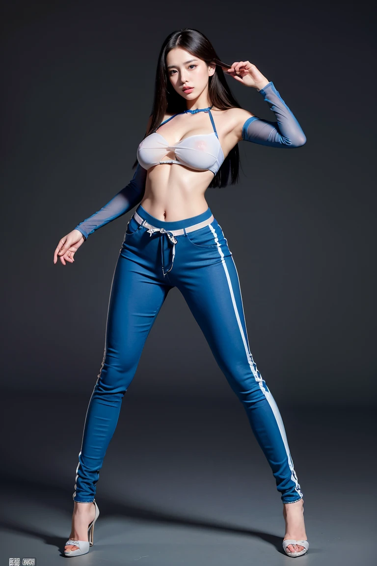 1 girl, blue eyes, Long hair, Big breasts,Mini see-through tube top，Pronounced nipple contour，Showing lower chest， （Word pants：1.6），Pants partially zipped open，露出丁Word pants，Spread your legs，Look at the lens，Standing，full-body shot，（Ultra-low angle overhead shooting：1.6）， Unity 8k wallpaper, Ultra Detailed, Aesthetic, masterpiece, best quality, Realistic，Random color matching，Face HD，Full body close-up，Extreme low-angle telephoto。underboob shirt,skirt，Small amount，Prominent genital outline。underboob