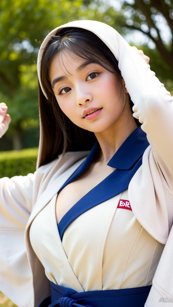 ((Highest quality)), ((masterpiece)), (detailed), 1People Girls、20-year-old、Japanese、Beauty、Beautiful face、Cute face、 midium bretht、(Emphasize cleavage)、(White judo uniform)、(Black Belt)