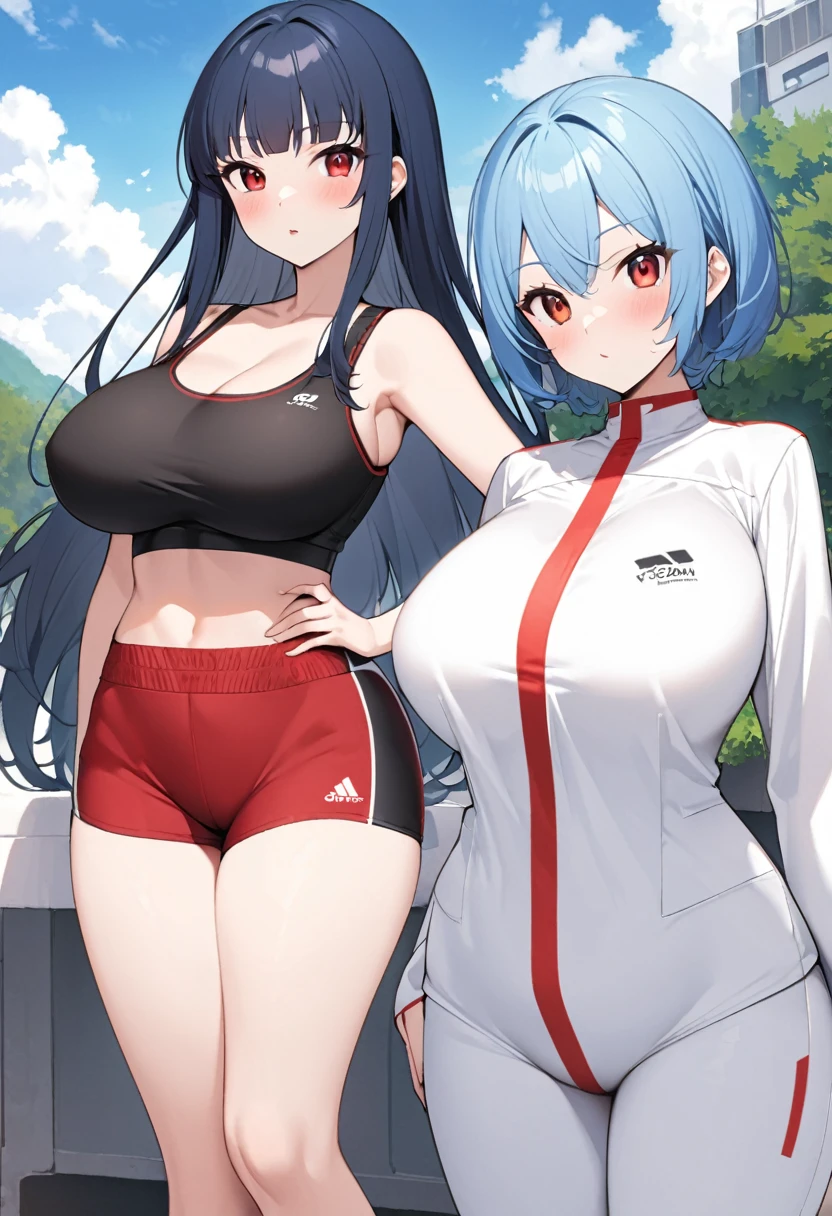 My name is Yukiko.I am a white test woman with long Sky blue hair,red eye color.I am 1.62 cm tall . My breasts measure 200 cm, my waist 40 cm and my hips 200 cm.Dressed in a black sports bra and short red sports shorts.. With big breasts 200 cm  