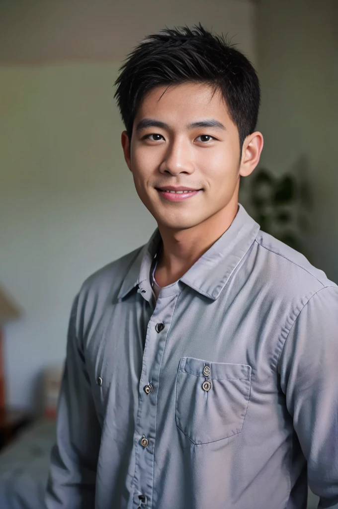 ((Highest quality, 8K, Masterpiece: 1.3))、Thailand Laos Burma Asia, Thai man, A handsome Asian rugby player with short hair, a muscular beard, and big muscles., 1A man who has、 yo、Good appearance、Beautiful nose、smile、 Detailed eyes and face、beautiful light、(studio)、high resolution、(Look at the viewer.)、Fine mouth、smile、whole body: 1.5, perfect shape: 1.3, looking at camera ,Gray button-down shirt, ((bedroom)), sunlight looking at the field