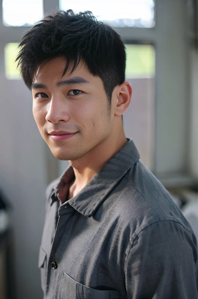 ((Highest quality, 8K, Masterpiece: 1.3))、Thailand Laos Burma Asia, Thai man, A handsome Asian rugby player with short hair, a muscular beard, and big muscles., 1A man who has、 yo、Good appearance、Beautiful nose、smile、 Detailed eyes and face、beautiful light、(studio)、high resolution、(Look at the viewer.)、Fine mouth、smile、whole body: 1.5, perfect shape: 1.3, looking at camera ,Gray button-down shirt, ((bedroom)), sunlight looking at the field