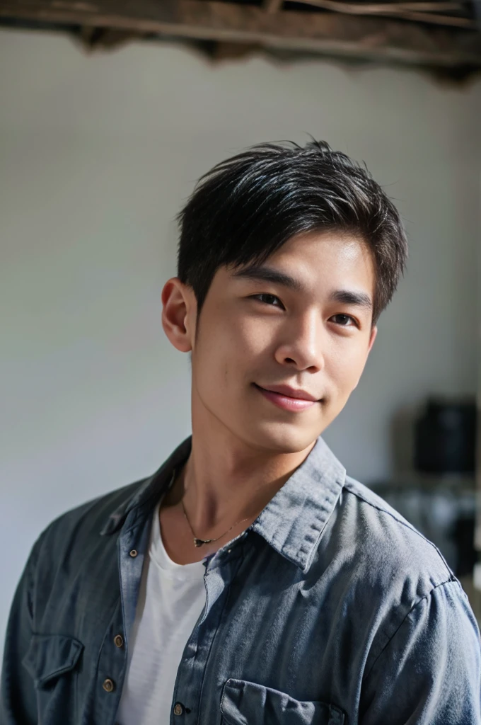 ((Highest quality, 8K, Masterpiece: 1.3))、Thailand Laos Burma Asia, Thai man, A handsome Asian rugby player with short hair, a muscular beard, and big muscles., 1A man who has、 yo、Good appearance、Beautiful nose、smile、 Detailed eyes and face、beautiful light、(studio)、high resolution、(Look at the viewer.)、Fine mouth、smile、whole body: 1.5, perfect shape: 1.3, looking at camera ,Gray button-down shirt, ((bedroom)), sunlight looking at the field