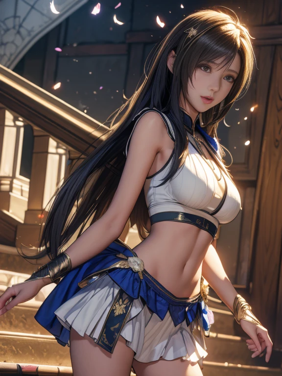 Highest quality, Official Art, masterpiece, Fabric Shading, High resolution, Very detailed, colorful, Best details, Fantasy, Combat Uniform, Tifa:1.5, 1 female, Age 25, Golden Hair, Long Hair, Hime cut:1.2, Highest quality, Official Art, masterpiece, Fabric Shading, High resolution, Very detailed, colorful, Best details, Fantasy, Bloomers,1 female, Age 25, Standing on the stairs, A castle town with an old castle view, sunny, Random Hair, Large Breasts, skinny, Surrounded by a lot of people:1.9, Confetti falling, Blessed, Welcomed:1.5, Camel Toe:1.3, Ground Level Shot,random color  micro panties:1.9,