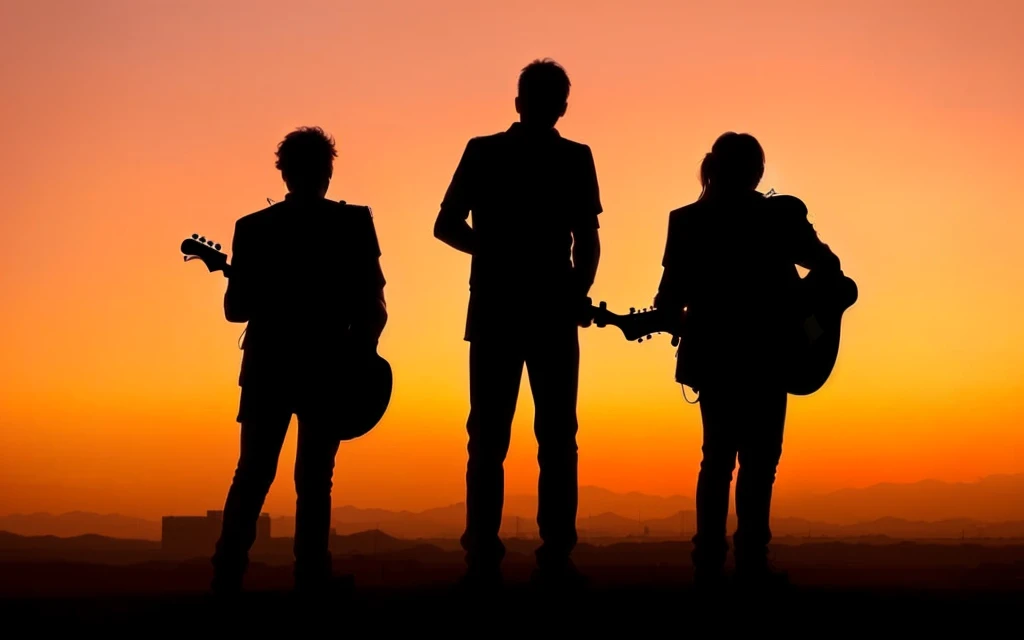 three people standing in contour with guitars in front of a sunset, Silhouette, contour!!!, In the sunset, contours, as the Sunsets on the horizon, Sunset时分, contourd, contour, Sunset, dusk setting, Sunset日出, outlined contours, Backlight, contour, Promotional photos, 3 Band lineup
