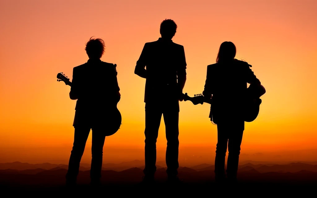 three people standing in contour with guitars in front of a sunset, Silhouette, contour!!!, In the sunset, contours, as the Sunsets on the horizon, Sunset时分, contourd, contour, Sunset, dusk setting, Sunset日出, outlined contours, Backlight, contour, Promotional photos, 3 Band lineup