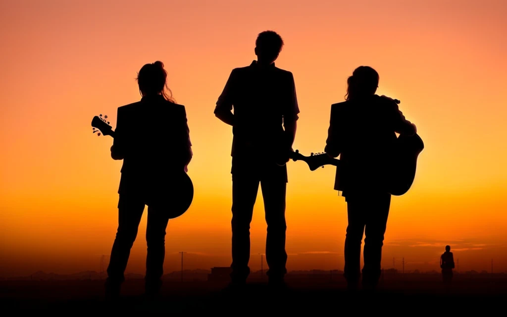 three people standing in contour with guitars in front of a sunset, Silhouette, contour!!!, In the sunset, contours, as the Sunsets on the horizon, Sunset时分, contourd, contour, Sunset, dusk setting, Sunset日出, outlined contours, Backlight, contour, Promotional photos, 3 Band lineup