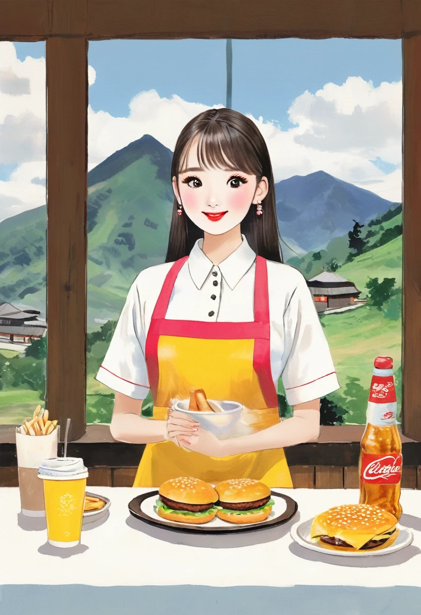 A young woman in a fast food restaurant in a remote mountain area、Beautiful and detailed eyes、Beautiful and detailed lips、Extremely detailed eyes and face、Long eyelashes、Waitress Uniform、Clean apron、A friendly expression、Outdoor mountain scenery through a window、(Highest quality、4K、8K、High resolution、masterpiece:1.2)、Super fine、(Real、Photorealistic、Photorealistic:1.37)、Studio Lighting、Hyperrealistic、warm color、Cinematic lighting、QIEMANCN、J_drawing