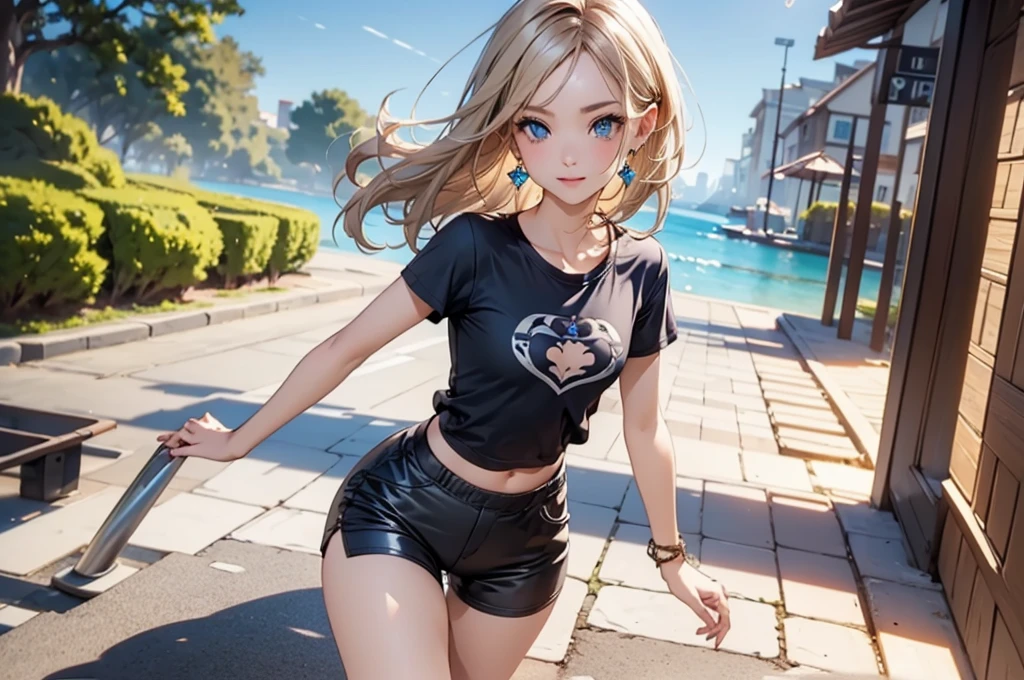NSFW,(Natural finger shape:1.5),((Full Body Shot,Including face)),4K,masterpiece,((Focus on the face)),((Symmetrical facial features)),Eye for detailed depiction,Beautiful woman,Excellent style,Beautiful feet,(Small Ass,Thin thighs),Facial detailing,Small earrings,Low angle photo,((T-Shirts、hot pants)),A park with lush greenery in the early morning,(soft exercise),blue blonde,Close-up photo of the upper body,One Woman
