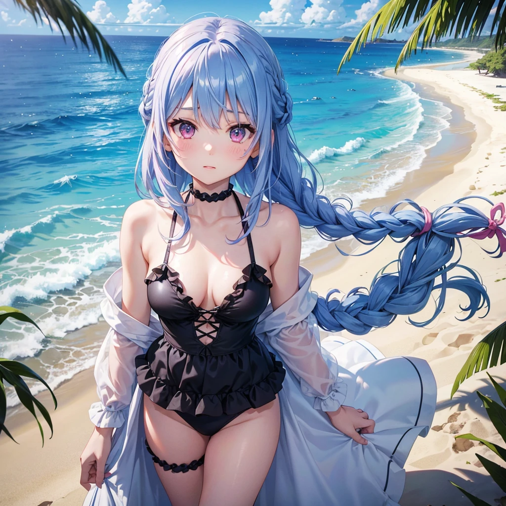 (Sky blue medium hair),(Braided hair tied together)、Pink eyes、Fair skin、(whole body)、(One Girl)、Black frilly swimsuit、Stylish sunglasses、Shining white sand beach in midsummer、Okinawa&#39;s ocean、A big smile、、(masterpiece、Highest quality、Very detailed、Best Shadow)、(Detailed Background)、(Beautifully detailed face)、High contrast、(Best lighting、Very delicate and beautiful)、((Cinematic Light))、colorful、Hyper Detail、Dramatic Light、Exquisite detail、Standing with your legs apart