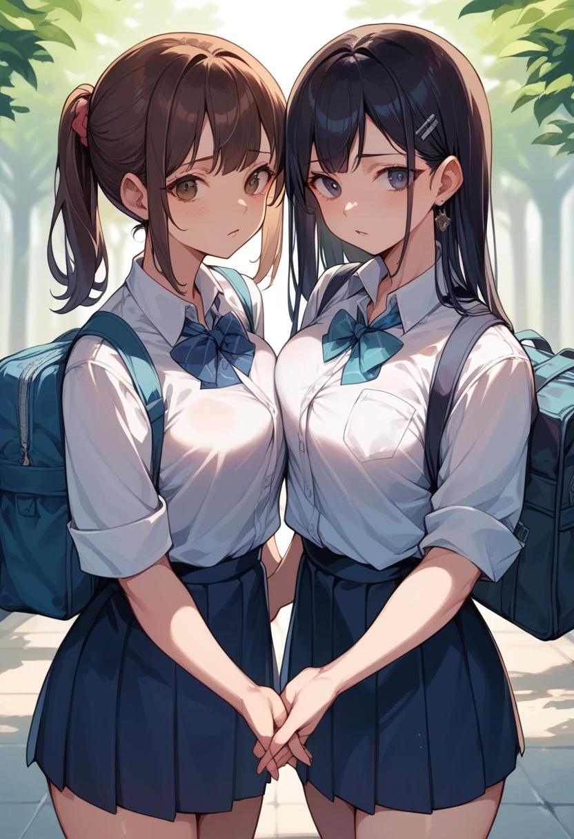 Two women, schoolgirls tight uniform, holding hands 