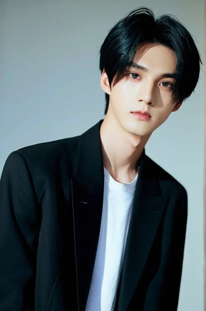 One boy, Young man with black hair (Mash Straight Hair),Male K-Pop Idols, Levi Ackerman, Medium portrait,chop, Beautiful Model, Oval Face, Vivid,Selfie,(In a dark room),The whole body is shown