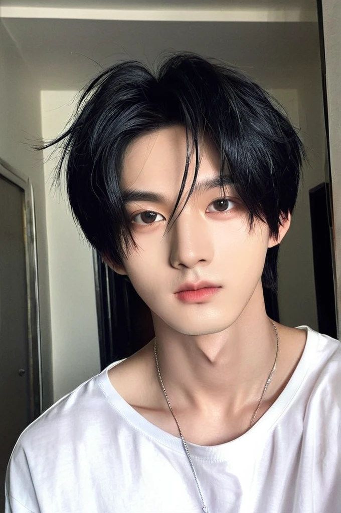 One boy, Young man with black hair  (Mash Straight Hair),Male K-Pop Idols, Levi Ackerman, Medium portrait,chop, Beautiful Model, Oval Face, Vivid,Selfie,(In a dark room),The whole body is shown