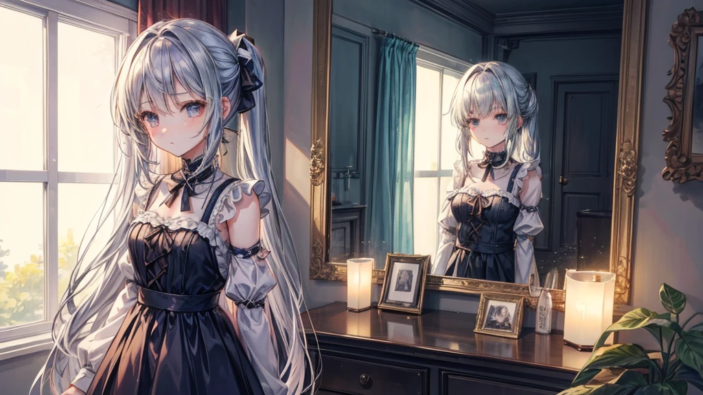 A melancholic anime girl standing in a softly lit room, facing a tall mirror that reflects a shattered image, symbolizing broken dreams and unfulfilled expectations. The room is cozy with personal items scattered around, indicating a once cherished relationship. A window lets in the soft light of a setting sun, casting long shadows and a warm glow, symbolizing the passage of time and fading hopes. The girl's posture is slightly slumped, conveying her emotional struggle. She holds a photo of someone she once admired, realizing the truth about them. The atmosphere is filled with sadness and realization, but also a hint of strength as she begins to accept reality and move on. The lighting enhances her reflective mood, with shadows accentuating the depth of her emotions. Use soft, warm colors for the lighting and a detailed anime art style
