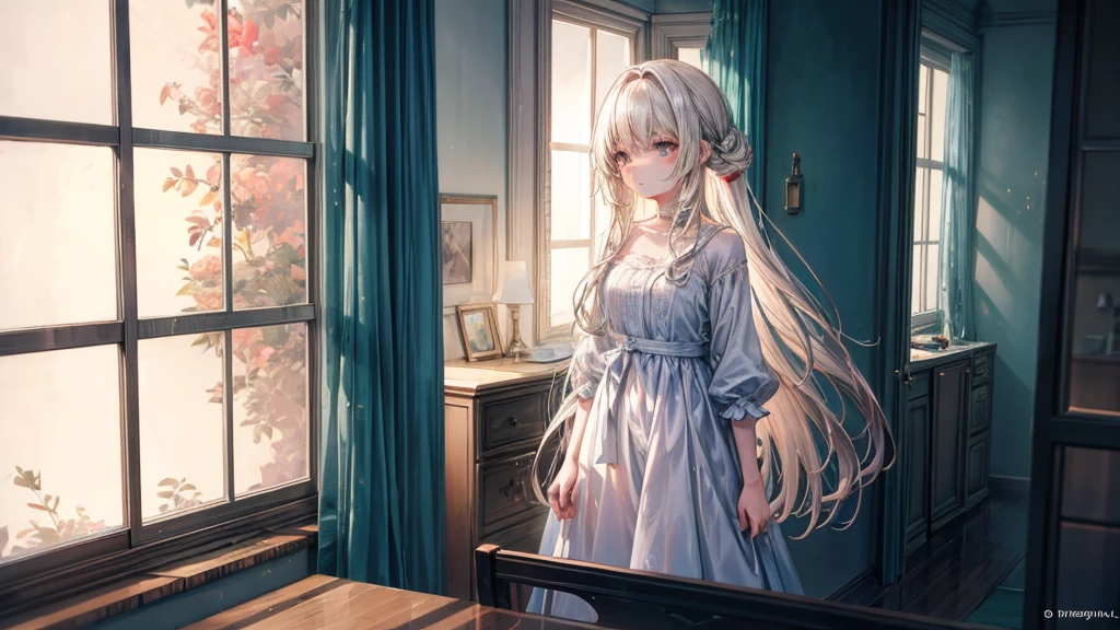 A melancholic anime girl standing in a softly lit room, facing a tall mirror that reflects a shattered image, symbolizing broken dreams and unfulfilled expectations. The room is cozy with personal items scattered around, indicating a once cherished relationship. A window lets in the soft light of a setting sun, casting long shadows and a warm glow, symbolizing the passage of time and fading hopes. The girl's posture is slightly slumped, conveying her emotional struggle. She holds a photo of someone she once admired, realizing the truth about them. The atmosphere is filled with sadness and realization, but also a hint of strength as she begins to accept reality and move on. The lighting enhances her reflective mood, with shadows accentuating the depth of her emotions. Use soft, warm colors for the lighting and a detailed anime art style