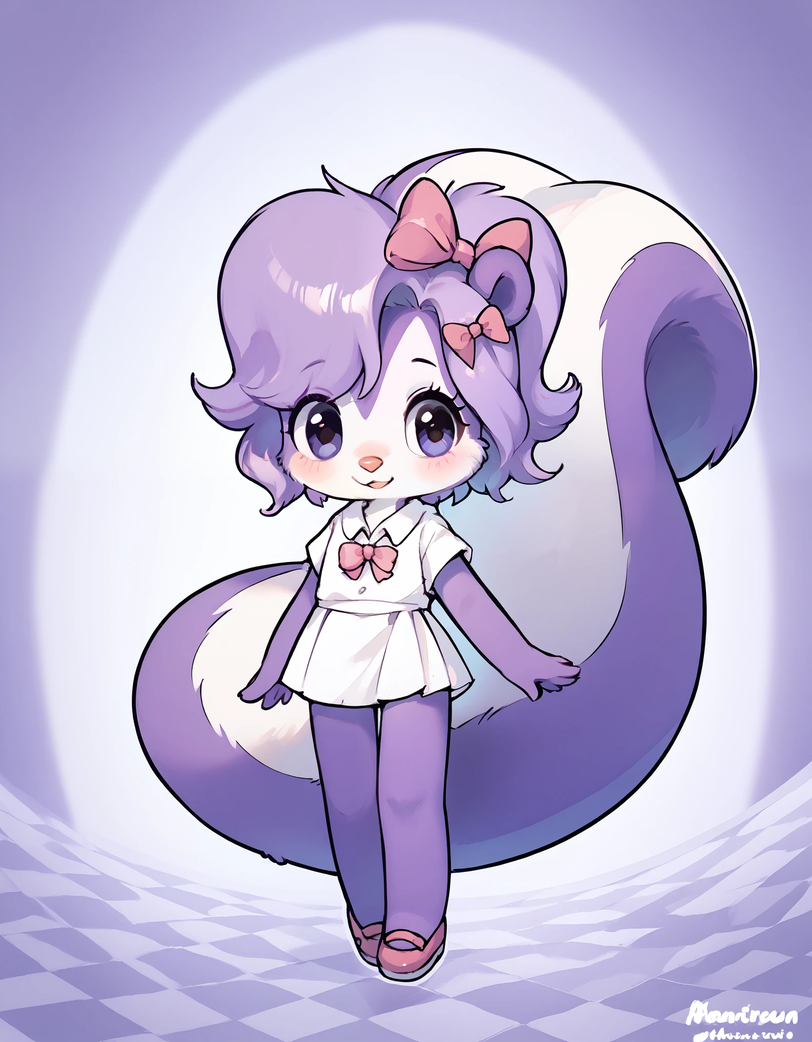 score_9, score_8_up, score_7_up, score_6_up, source_furry, score_safe, fifi, skunk, solo, 1girl, female, sfw, furry, purple body, hair bow, tail, cute, short, beautiful eyes, cartoony, flat color, simple shading, full-length portrait, studio ghibli background, blurred backgroun,