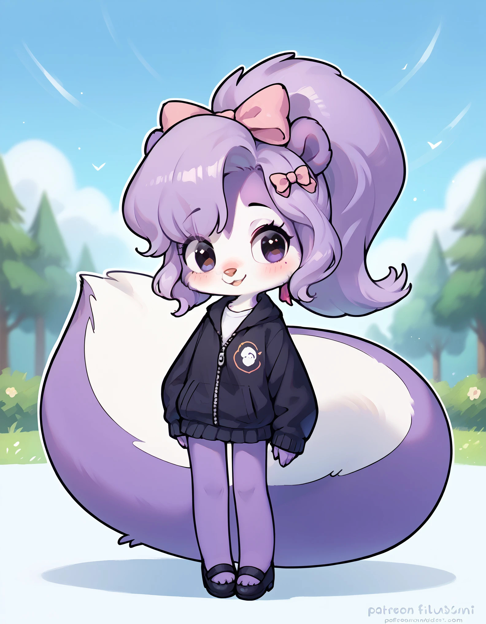 score_9, score_8_up, score_7_up, score_6_up, source_furry, score_safe, fifi, skunk, solo, 1girl, female, sfw, furry, purple body, hair bow, tail, cute, short, beautiful eyes, cartoony, flat color, simple shading, full-length portrait, studio ghibli background, blurred backgroun,