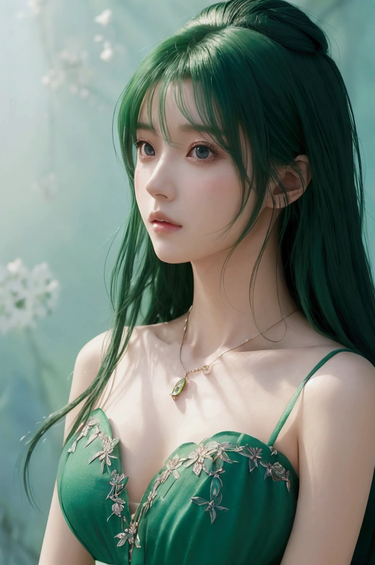 Close-up of a woman wearing a green dress and necklace, guweiz style artwork, Realistic anime 3D style, Beautiful anime portrait, Anime realistic style, Detailed portrait of anime girl, beautiful figure painting, author:Yang J, Stunning anime face portraits, Realistic anime art style, Portrait of an anime girl, Beautiful anime style