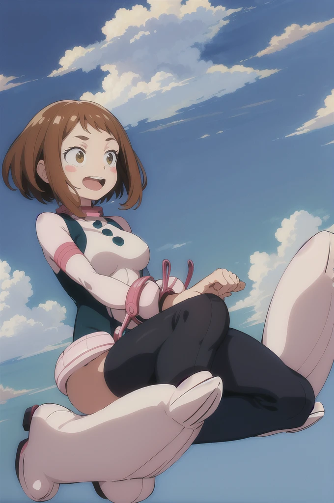 masterpiece, best quality, highres, hmochako, blush stickers, short hair, medium breasts, superhero, bodysuit, boots, jump, bound, magic, smile, open mouth, sky, cloud, magic
大きな胸