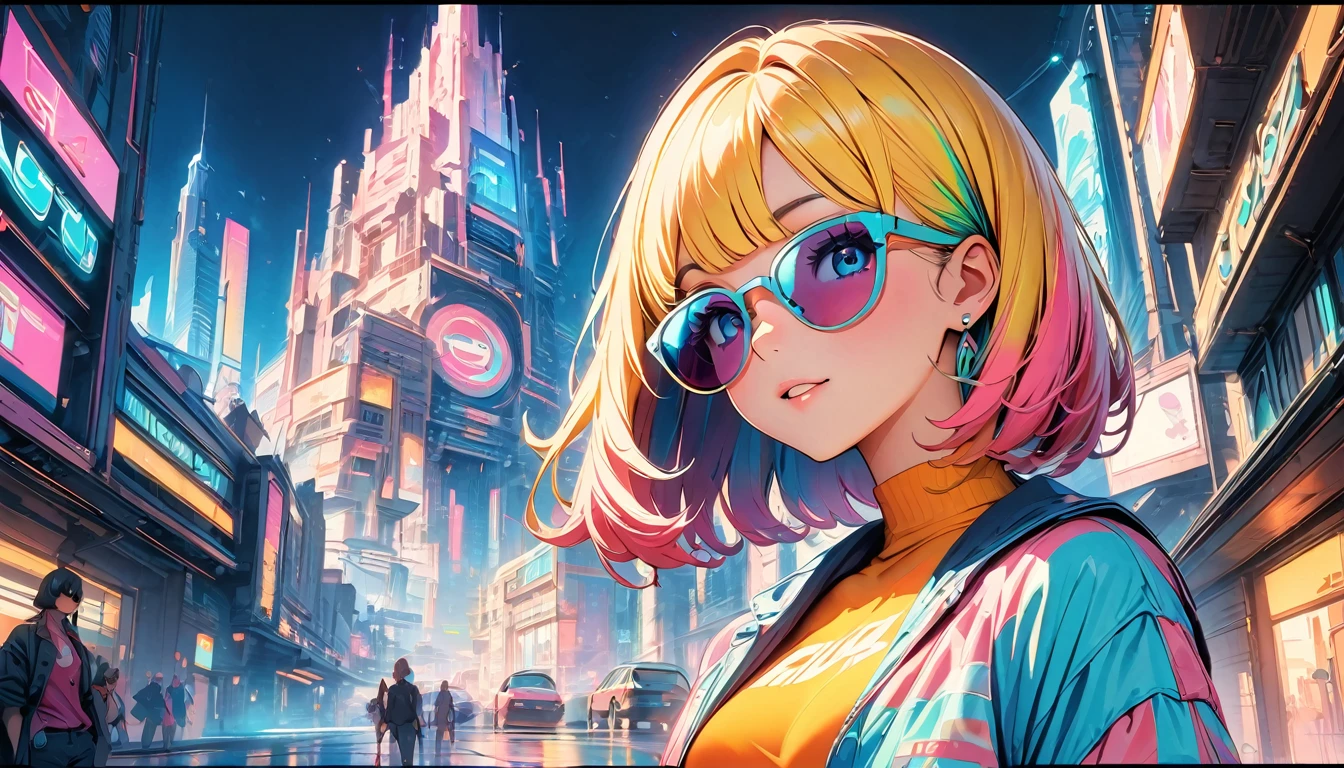 (highest quality:1.2, City Pop Style, Very detailed, up to date, Vibrant, High Contrast, masterpiece:1.2, highest quality, Best aesthetics), girl, Colorful hair, Bobcut, pastel colour, 1980s style, ((The metropolis of the future, Retro, Vintage)), Logo jumper, (sunglasses).sexy