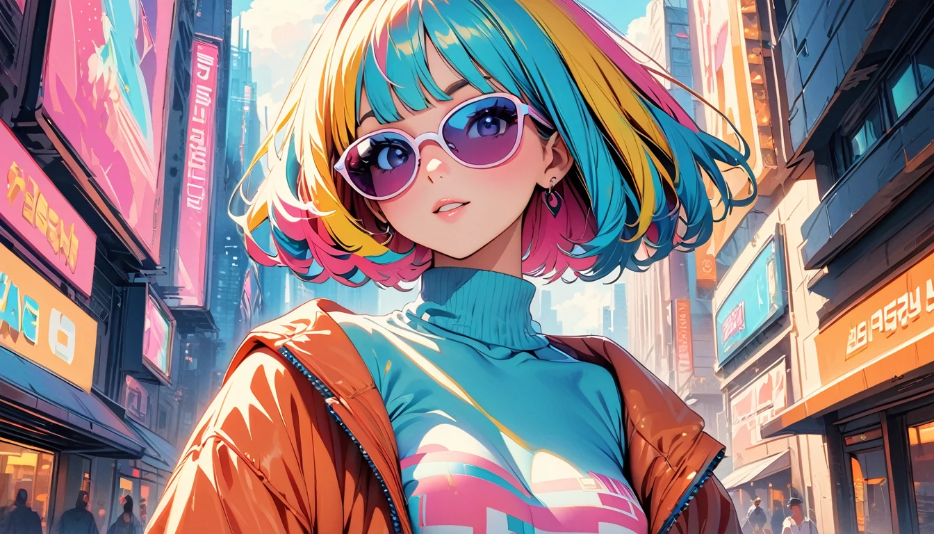 (highest quality:1.2, City Pop Style, Very detailed, up to date, Vibrant, High Contrast, masterpiece:1.2, highest quality, Best aesthetics), girl, Colorful hair, Bobcut, pastel colour, 1980s style, ((The metropolis of the future, Retro, Vintage)), Logo jumper, (sunglasses).sexy