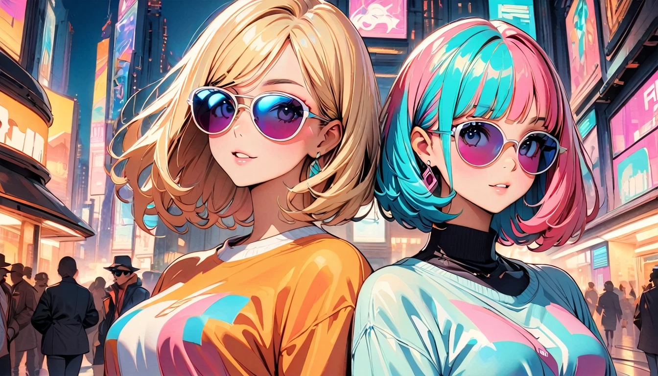 (highest quality:1.2, City Pop Style, Very detailed, up to date, Vibrant, High Contrast, masterpiece:1.2, highest quality, Best aesthetics), girl, Colorful hair, Bobcut, pastel colour, 1980s style, ((The metropolis of the future, Retro, Vintage)), Logo jumper, (sunglasses).sexy