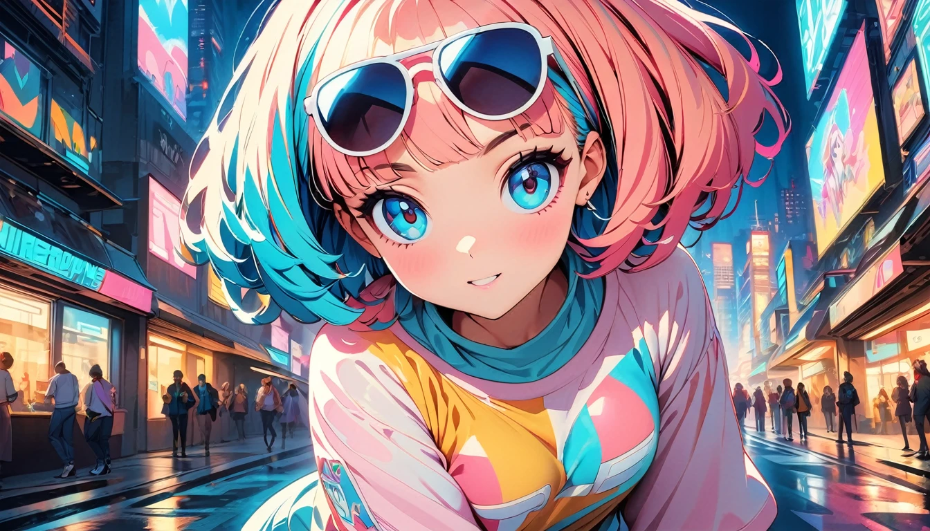 (highest quality:1.2, City Pop Style, Very detailed, up to date, Vibrant, High Contrast, masterpiece:1.2, highest quality, Best aesthetics), girl, Colorful hair, Bobcut, pastel colour, 1980s style, ((The metropolis of the future, Retro, Vintage)), Logo jumper, (sunglasses).sexy
