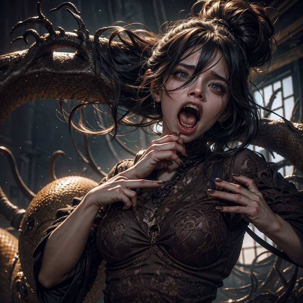 A screaming woman with her hands in her hair, disturbing surreal creatures around her