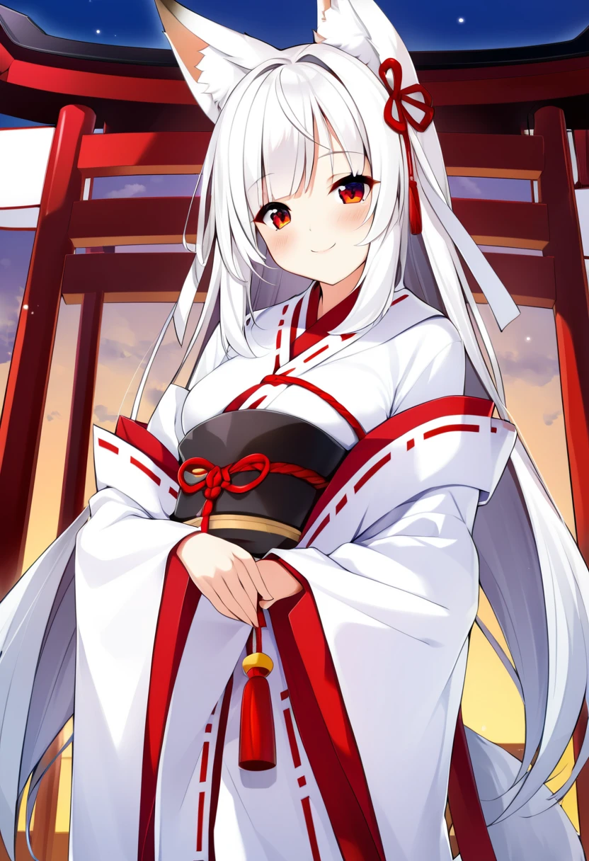 one girl, fox ears, shrine maiden, white hair, beautiful, gently, naive, smile cutely, red eyes, sacred, medium breasts, blush